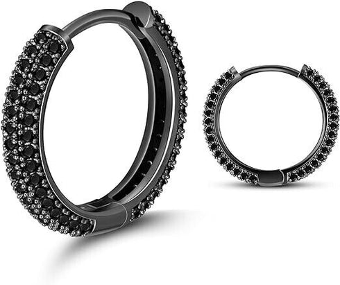 Fully Iced Rhodium Plated Pave 3D Black CZ Honey Comb Men & Women Hoop Earring